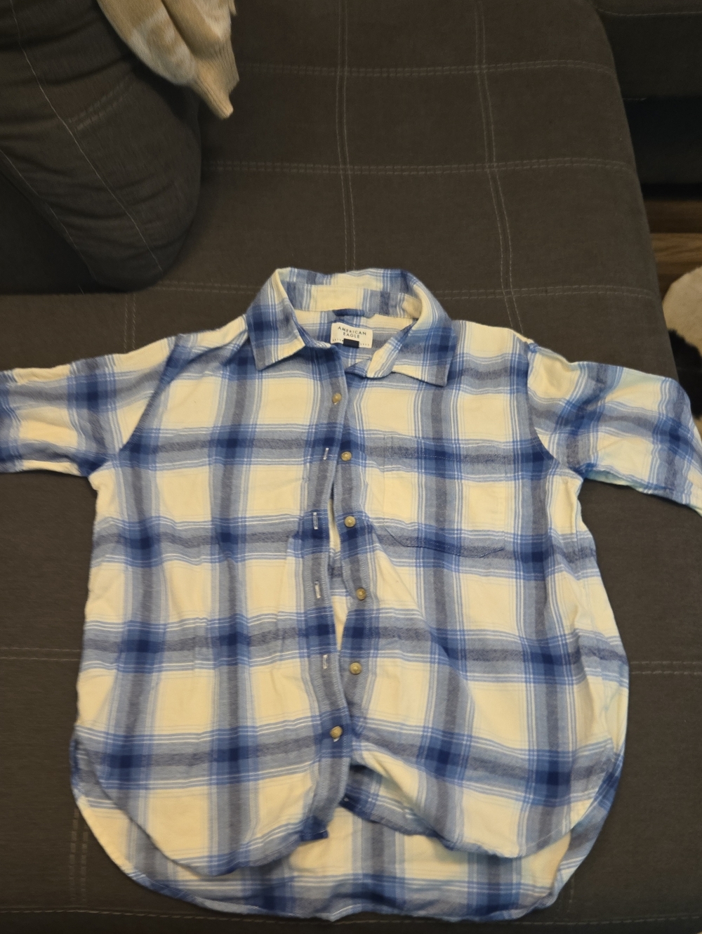 American Eagle Outfitters White and Blue Plaid Button-Down Shirt